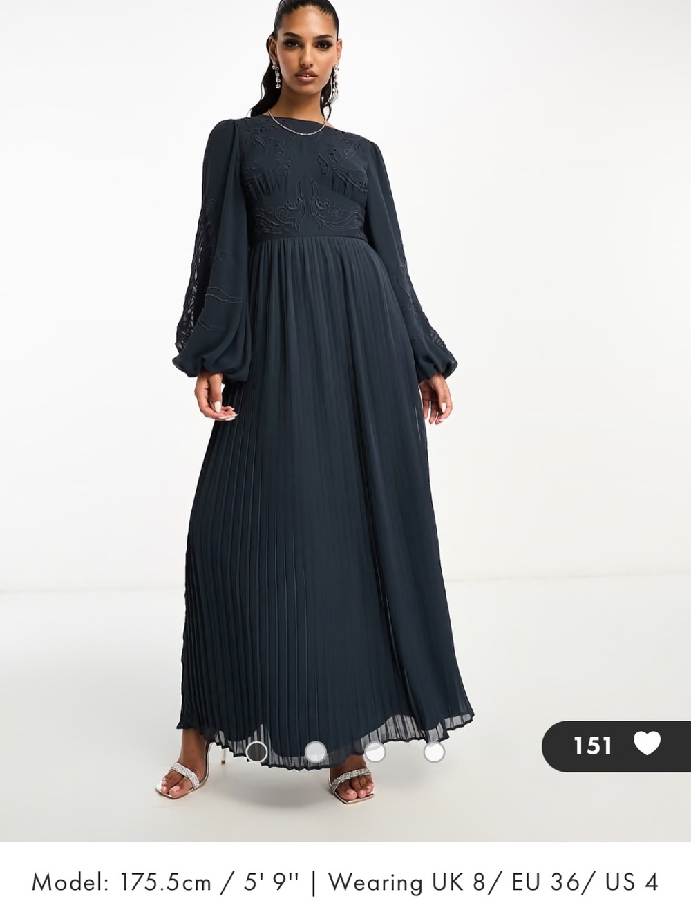 Elegant Navy Pleated Long-Sleeve Dress